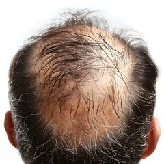 Close-up Detail of Adult Males Crown Area Showcasing Progressive Hair Loss and Grey Hairs