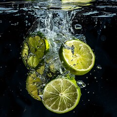 Vibrant lime slices creating a dramatic underwater spectacle