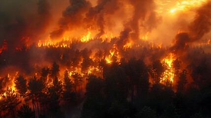 Aerial View of Raging Forest Fire at Night Intense Inferno Engulfing Vast Vegetation and Sky