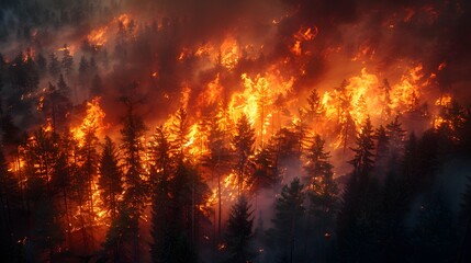 Fototapeta na wymiar Coniferous Forest Inferno A Dramatic Nighttime Wildfire Engulfing Trees in Smoke and Flames