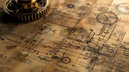 Antique Patent Paper Detail Intricate Gears and Mechanical Components on Aged Ink Blueprint