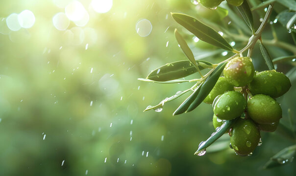 Olives, raw and ripe, with large, bushy clusters, delicious to eat, stretching out branches with bunches of bright green and ripe olives. on a blurred background