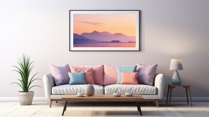 /imagine: prompt: A beautiful sunset over the mountains. The colors are pink, purple, and blue. There is a white couch in the foreground with a plant to the left and a table with a lamp on it to the r