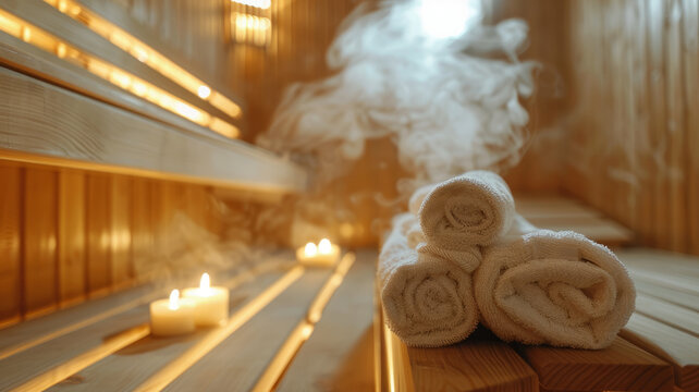 Interior of a sauna with towels and candles.