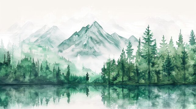 Watercolor Landscape with Mountain Pine Trees and Vintage Green Elements on White Background