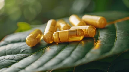 Fotobehang many pills arranged on a leaf against green backdrop © 2rogan