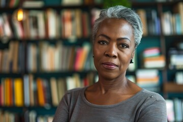 A confident mature African woman with gray hair looking serene in front of a library full of books