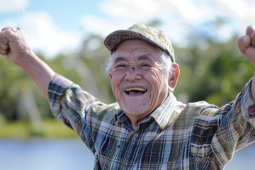 A cheerful senior man with a big smile, arms raised in joy and wearing a baseball cap outdoors