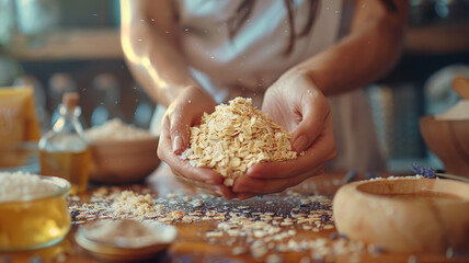 Hands holding oats over table.