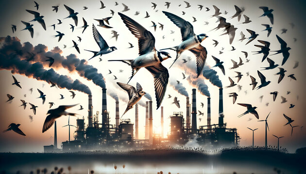 Freedom and Pollution: Birds Soar Against Toxic Skies in Double Exposure Close-up with Industrial Smokestacks - Adobe Stock Photo Concept