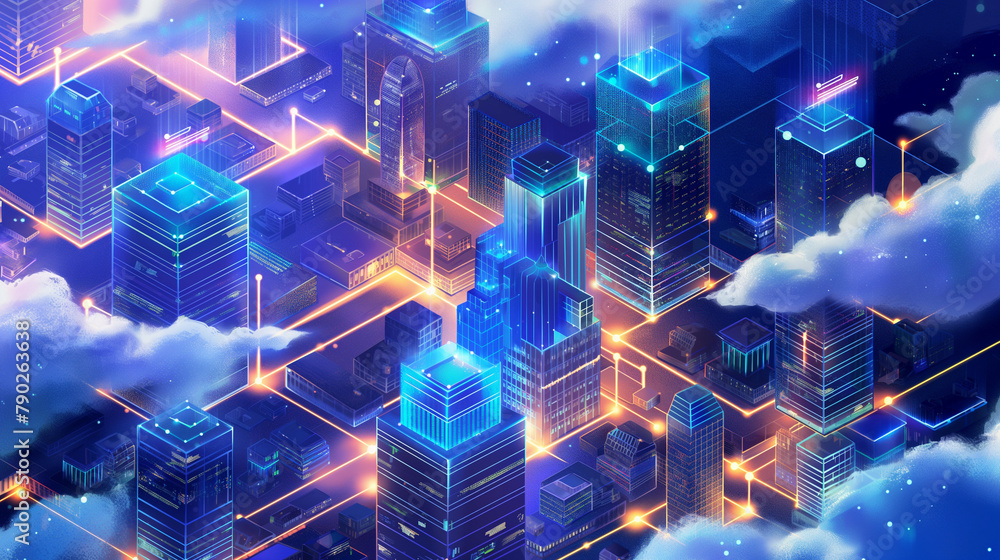 Poster a digital cityscape showing an isometric view of buildings connected by data lines with holographic 