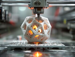 Close-up of a 3D printer creating intricate white plastic parts with selective laser sintering.