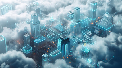 A digitally enhanced view of a futuristic city in isometric design, featuring interactive data overlays of urban operations in a consistent blue and white theme, under a cloudy sky