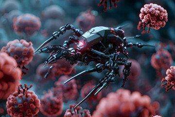 Nano-scale Sentinel: Detailed, Militarized Design Amidst Human Cells, Lit by Crisp, Directional Lighting. Ultra-Realistic CGI Capturing Micro-Environmental Interaction in High-Resolution 16k - obrazy, fototapety, plakaty