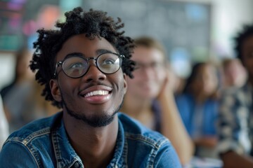 A young man with curly hair wearing a denim jacket sits in a classroom setting, partaking in a group discussion - obrazy, fototapety, plakaty