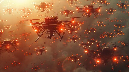 A fleet of unmanned aerial vehicles (UAVs) with glowing red lights flying in a dusky sky, symbolizing technological surveillance or military operation.