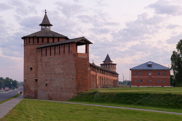 Ancient wall of the Kolomna Kremlin on a early June morning. Moscow region, Russia