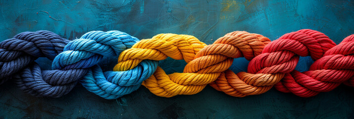 Group rope assorted strength associate organization together collaboration solidarity impart support. - obrazy, fototapety, plakaty
