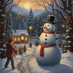 Obraz premium Place a cheerful snowman in the centre of the scene, radiating happiness. Ai generated