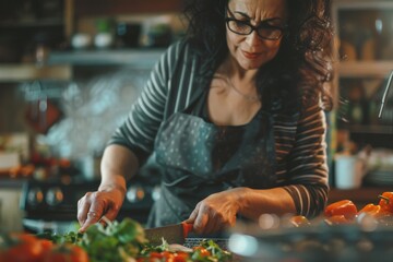 A senior woman with curly hair confidently prepares vegetables in a kitchen, evocative of a love for cooking