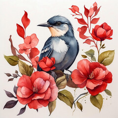 Robin perched atop a blooming cherry tree, painted in a watercolor style
