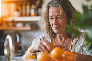 A middle-aged woman is engaged in preparing oranges, wearing a bright necklace