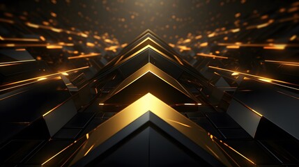 3d rendering of gold and black abstract geometric background. Scene for advertising, technology, showcase, banner, game, sport, cosmetic, business, metaverse. Sci-Fi Illustration. Product display