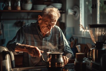 Moody light casts over an elderly man cautiously pouring water from a kettle in a rustic kitchen