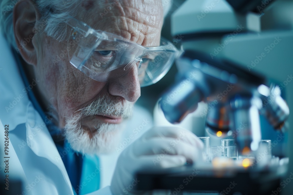 Aufkleber The focus is on science and precision as a scientist's face is artfully obscured while working on a microscope
