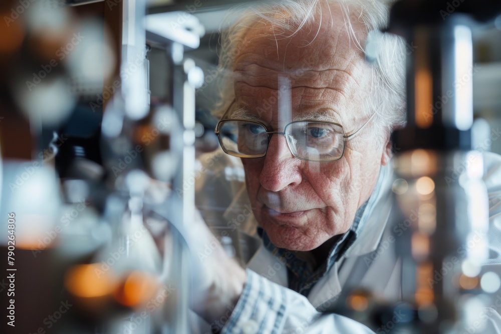 Poster A blurred face of a scientist in the foreground with a focus on the intricate laboratory environment around them