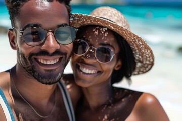 Happy African American Couple with Sunglasses at Sunny Beach in Summer