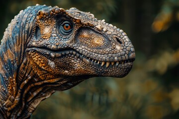 Fototapeta premium The image illustrates a well-crafted, lifelike head sculpture of a dinosaur with a focus on the eye