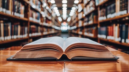 Fototapeta premium Open book, blur library background, World book day, school and education concept