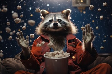 raccoon playing indoors with the moon and popping pills to look like humans. Ai generated