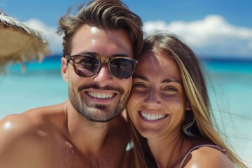 Close-Up of a Smiling Couple with Sunglasses on a Tropical Beach. Summer Vacation Concept.
