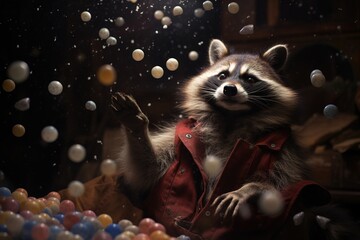raccoon playing indoors with the moon and popping pills to look like humans. Ai generated