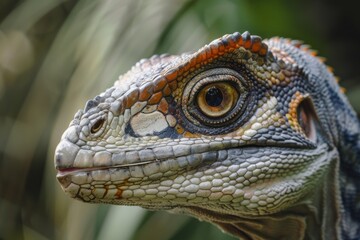 Fototapeta premium The powerful and direct gaze of a dinosaur against a blurred green background, capturing its enigmatic and mighty essence