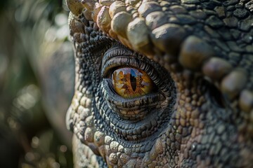 Naklejka premium A detailed close-up of a reptile's eye reflecting the environment, highlighting the intricate scales and vibrant colors