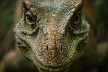 Fototapeta premium Direct frontal view capturing the detailed texture and patterns on the skin of a reptilian creature resembling a dinosaur