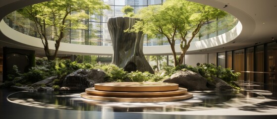 An indoor atrium with a large curved glass window, a central sculptural water feature, and lush greenery throughout - obrazy, fototapety, plakaty