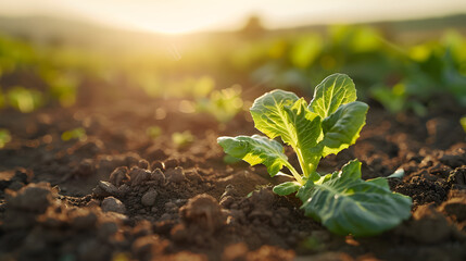 Close up of a small lettuce seedling on a plantation at sunrise, concept of sustainability and healthy food.