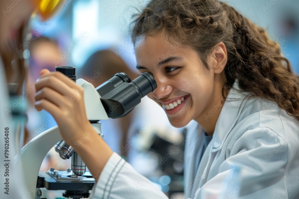 Poster A female student in a lab coat is engaged happily in an experiment using a microscope in a lab setting