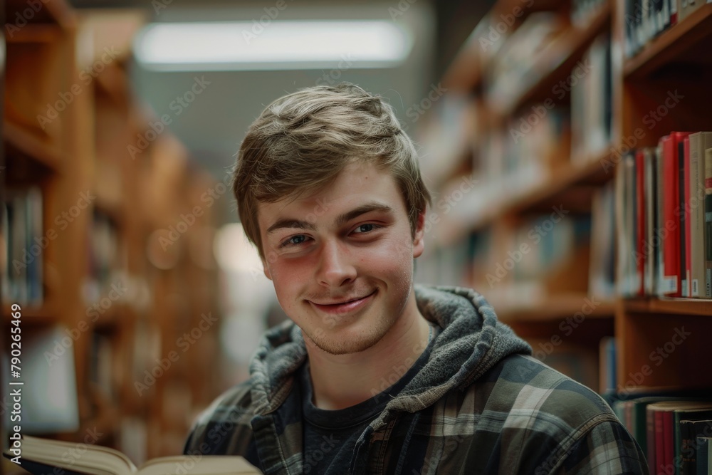 Poster A student in casual attire holding a book in a library, conveying a sense of curiosity and learning