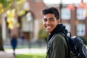 Young male college student with a big smile carrying a backpack on a campus, symbolizing education and youth - obrazy, fototapety, plakaty
