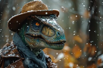 A dinosaur wearing a cowboy hat is depicted against a backdrop of gentle snowfall, highlighting an...