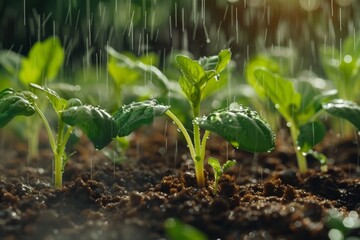 Seedlings Growing in Soil during a Gentle Rain