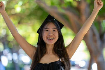 A young woman is seen outdoors, happily raising her arms with a blurred green background - obrazy, fototapety, plakaty