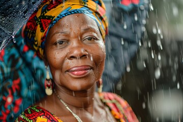 An elder woman dressed in traditional colorful African attire stands in the rain, looking pensive - obrazy, fototapety, plakaty