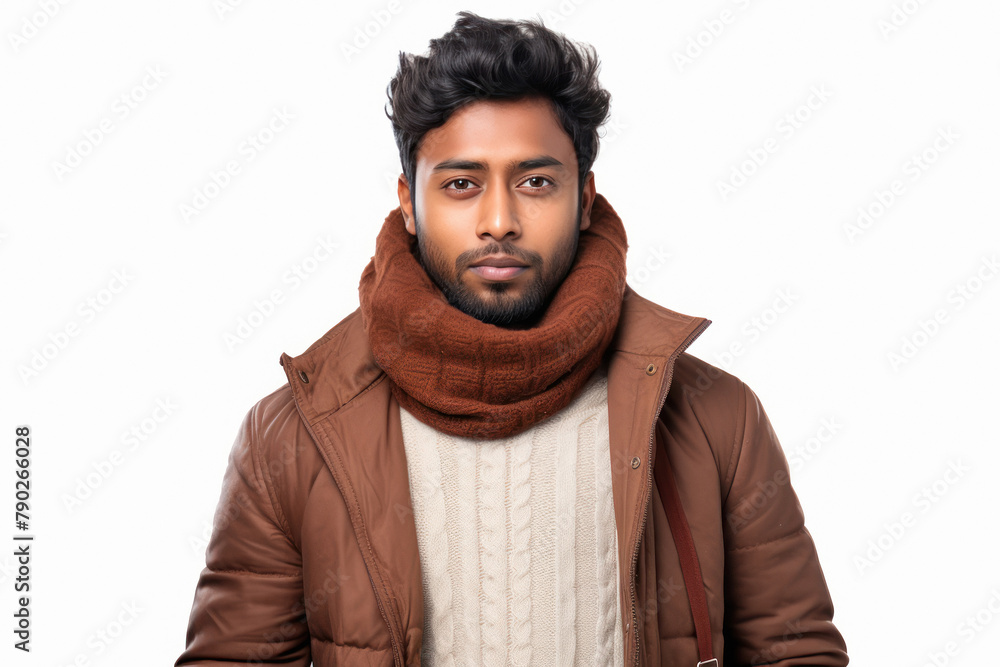 Canvas Prints Young man wearing jacket and muffler on white background