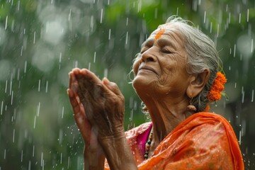 A powerful image capturing an elderly woman in prayer, seeking solace amidst a pouring rain - obrazy, fototapety, plakaty